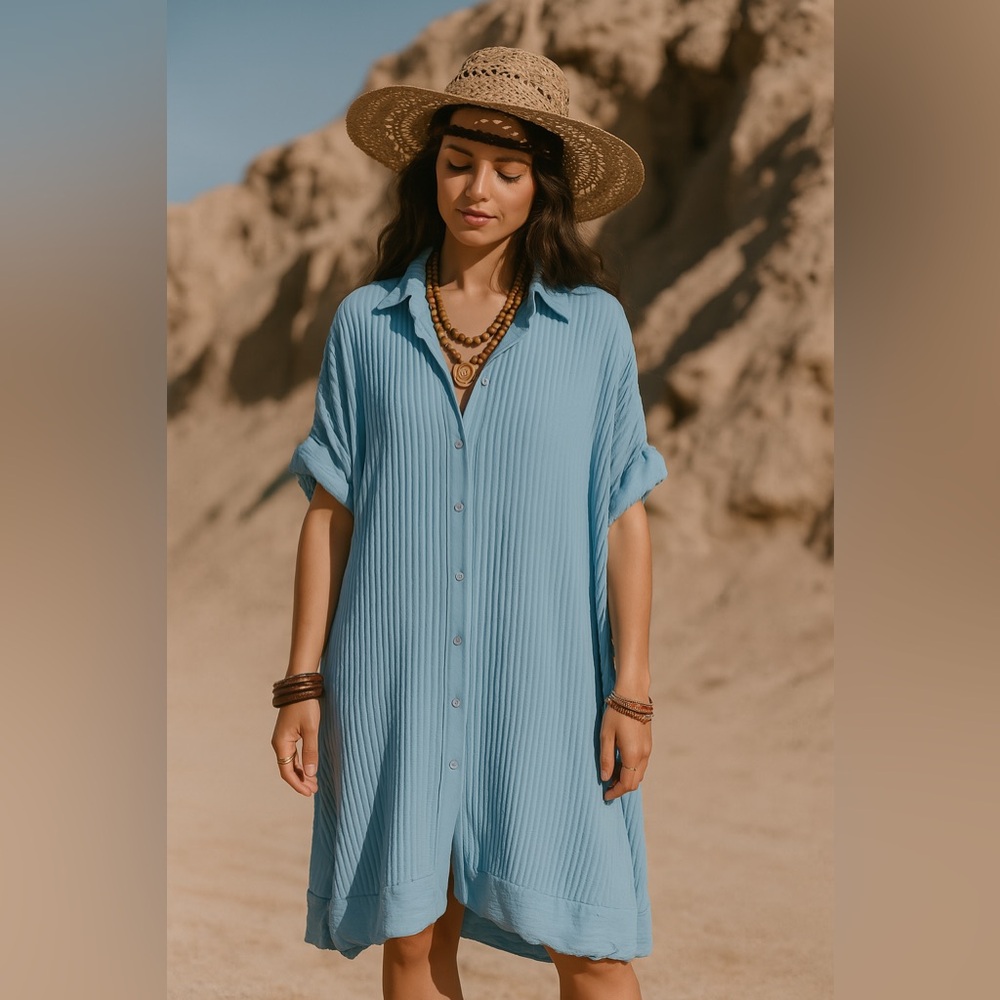 Made in Italy || Blue Ruffle Sleeved Buttondown Dress